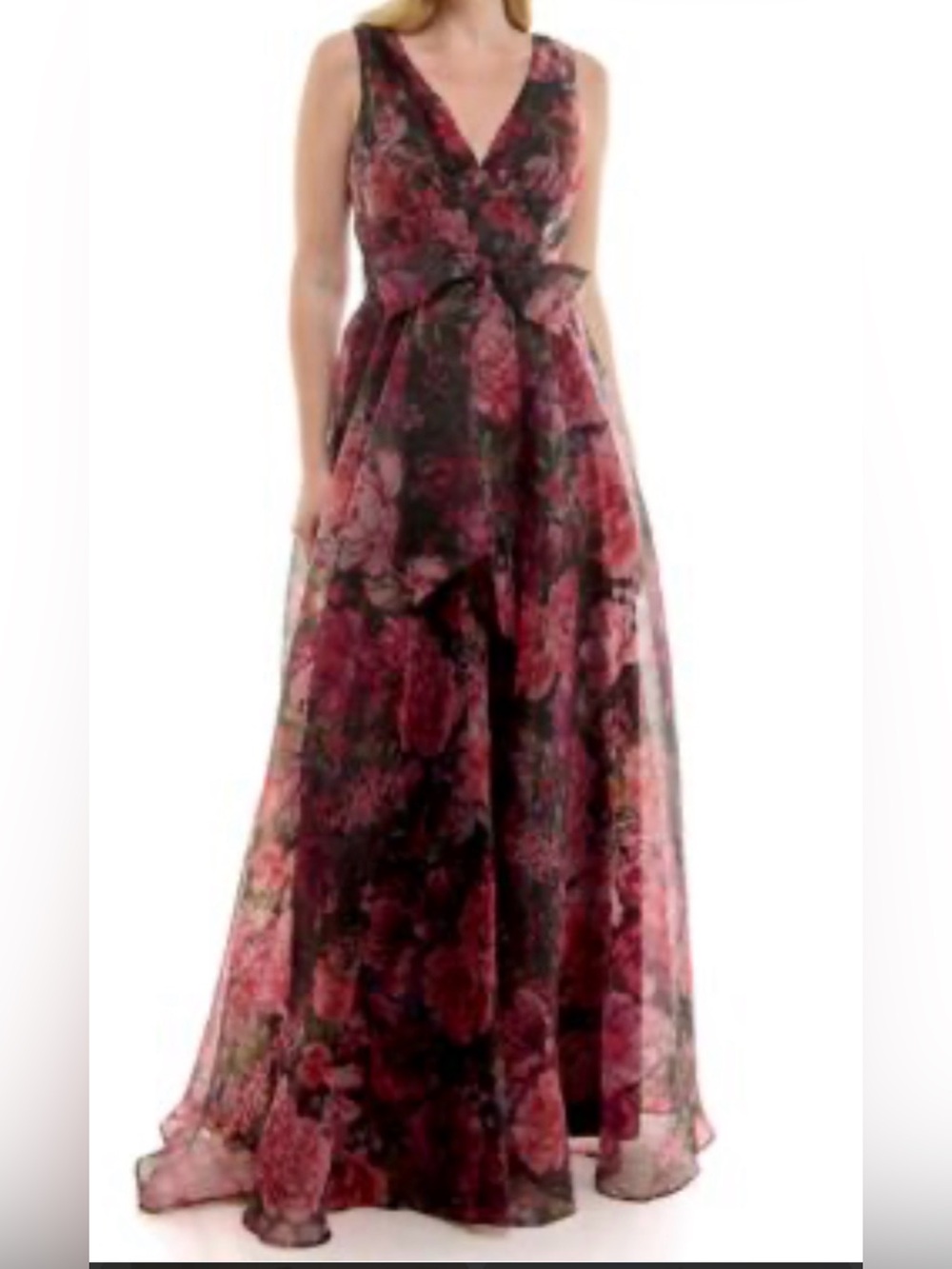 TAILOR WOMENS COORDINATION SASCH V-NECK FLORAL MAXI DRESS BURGUNDY 6/8 NWT